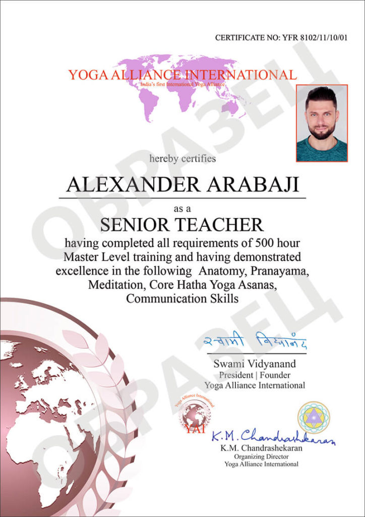 Образец сертификата Международного Альянса йоги YAI по программе Хатха-йога второго уровня YTTC-500